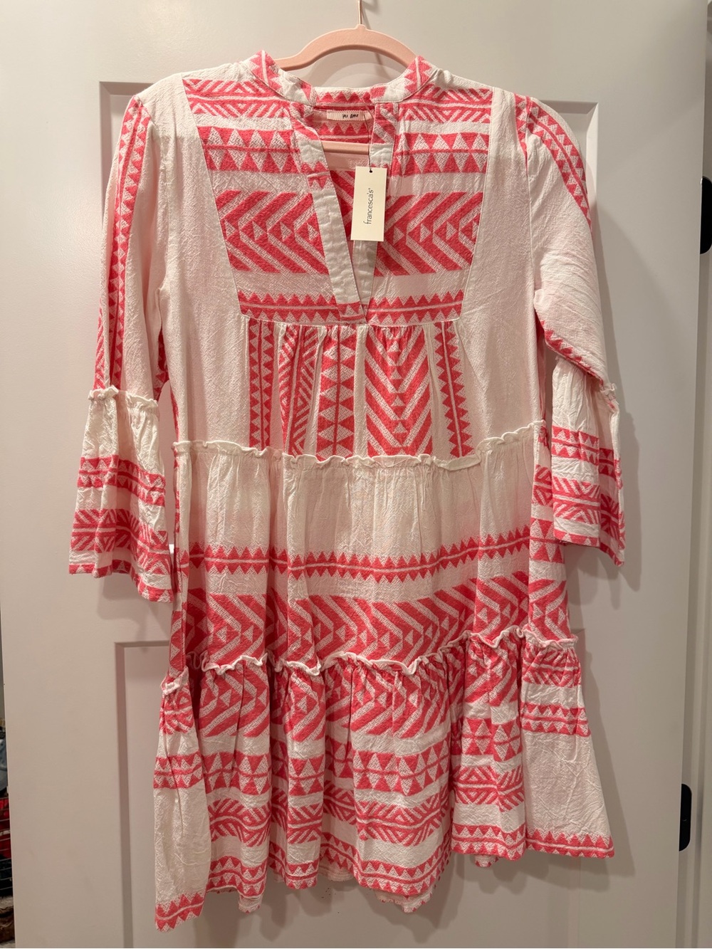 Francesca's Collections White & Coral Embroidered Tiered Dress